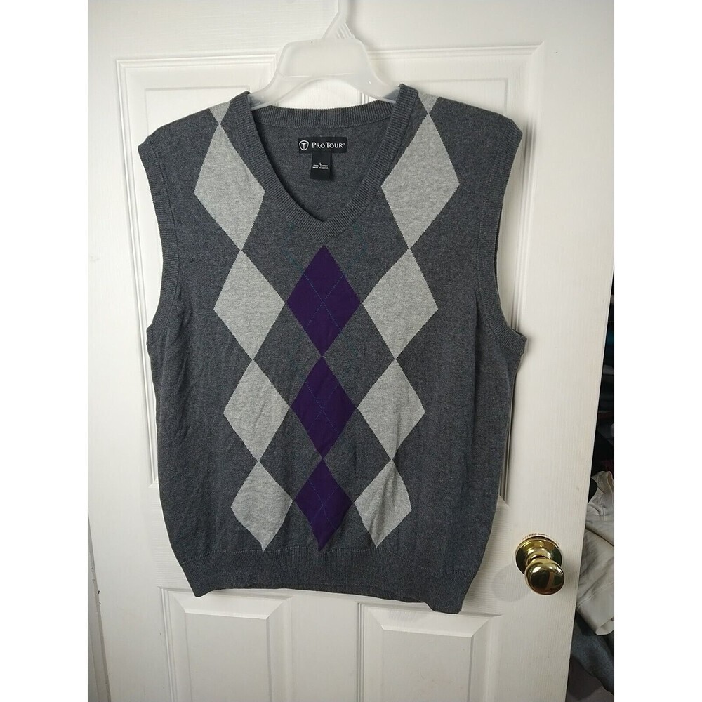 Pro Tour Men's Grey Purple Teal Sweater Vest Size L